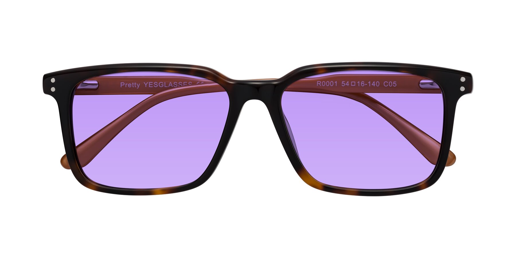 Folded Front of Pretty in Tortoise-Caramel with Medium Purple Tinted Lenses