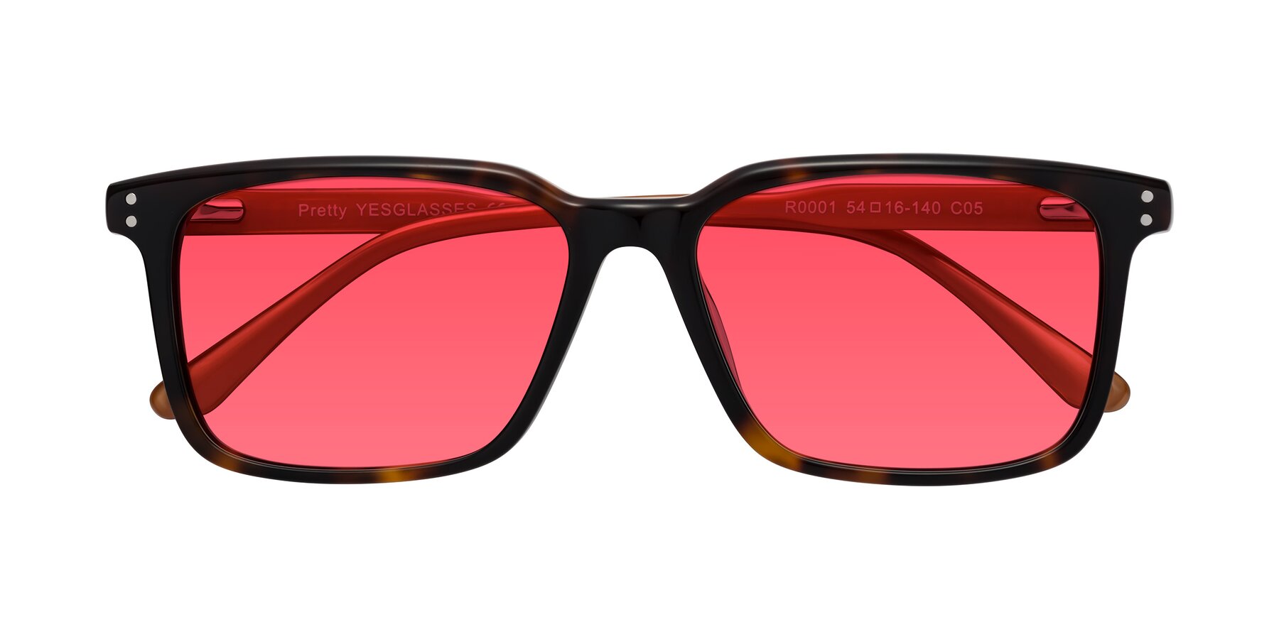 Folded Front of Pretty in Tortoise-Caramel with Red Tinted Lenses