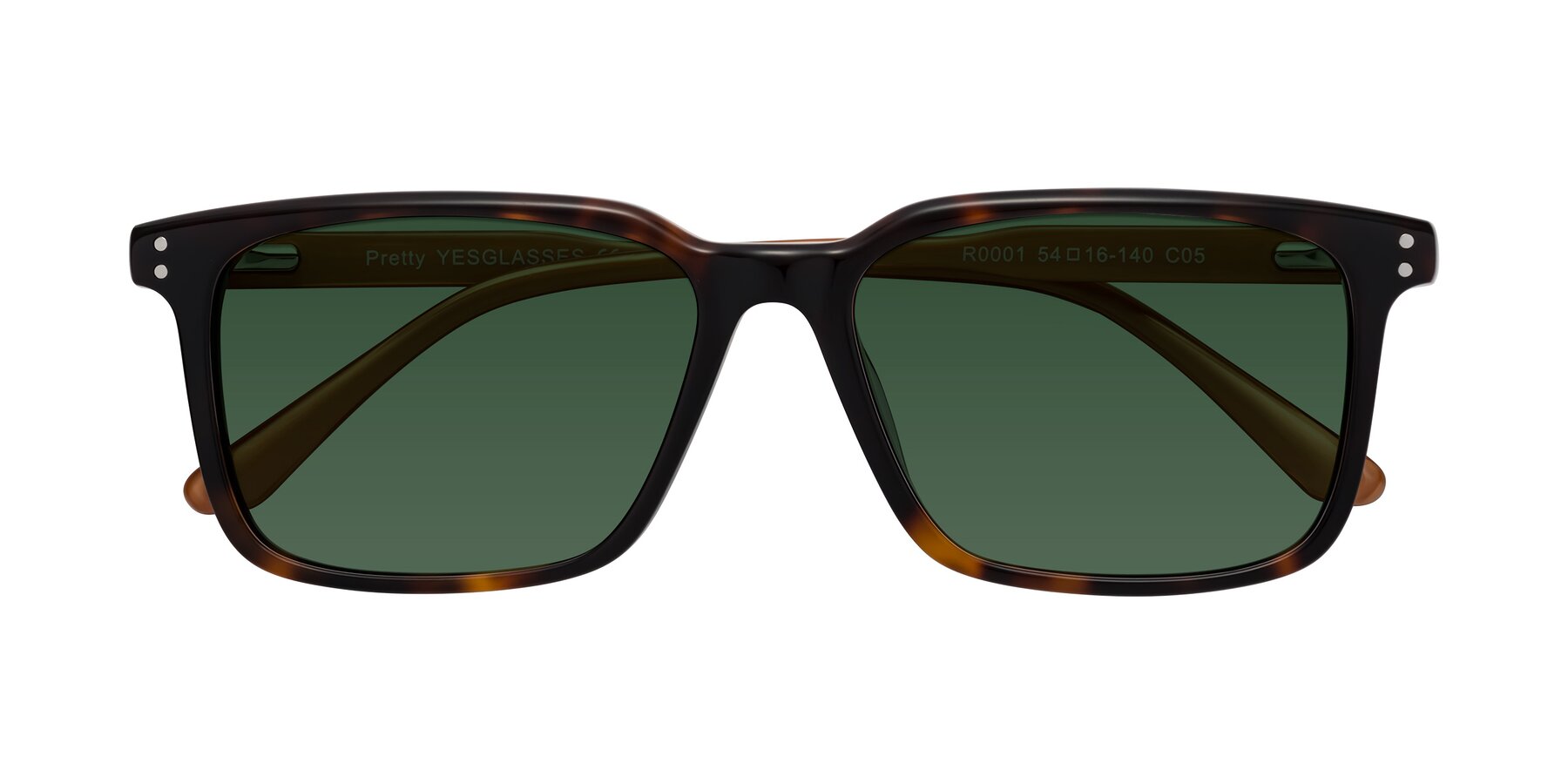 Folded Front of Pretty in Tortoise-Caramel with Green Tinted Lenses