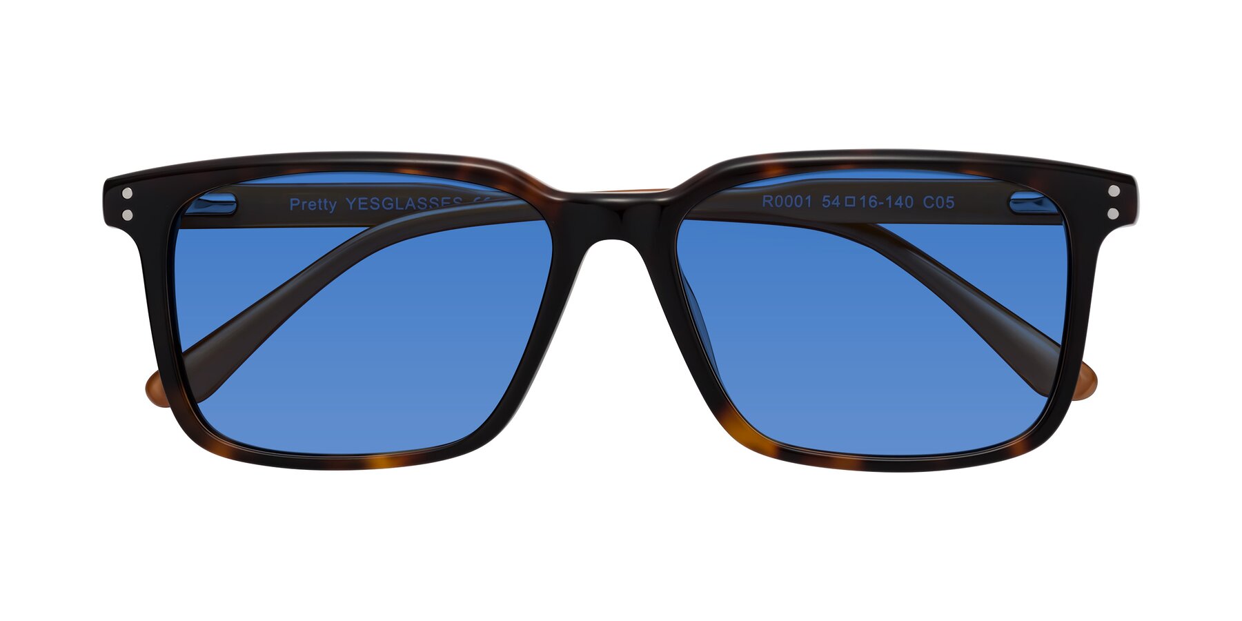 Folded Front of Pretty in Tortoise-Caramel with Blue Tinted Lenses