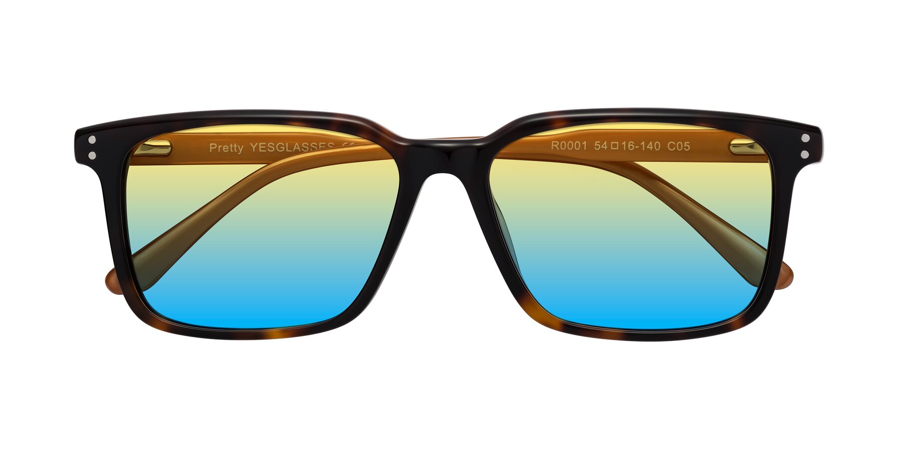 Folded Front of Pretty in Tortoise-Caramel with Yellow / Blue Gradient Lenses