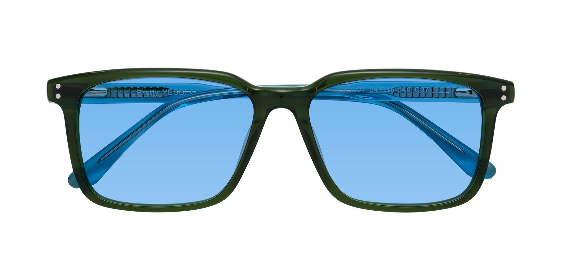 Folded Front of Pretty in Jade Green with Medium Blue Tinted Lenses