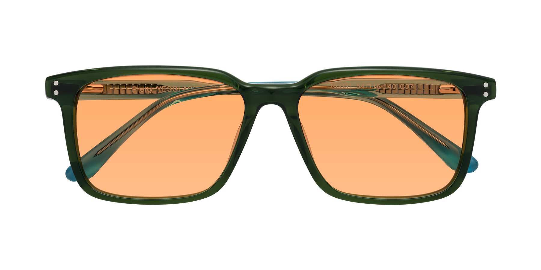 Folded Front of Pretty in Jade Green with Medium Orange Tinted Lenses