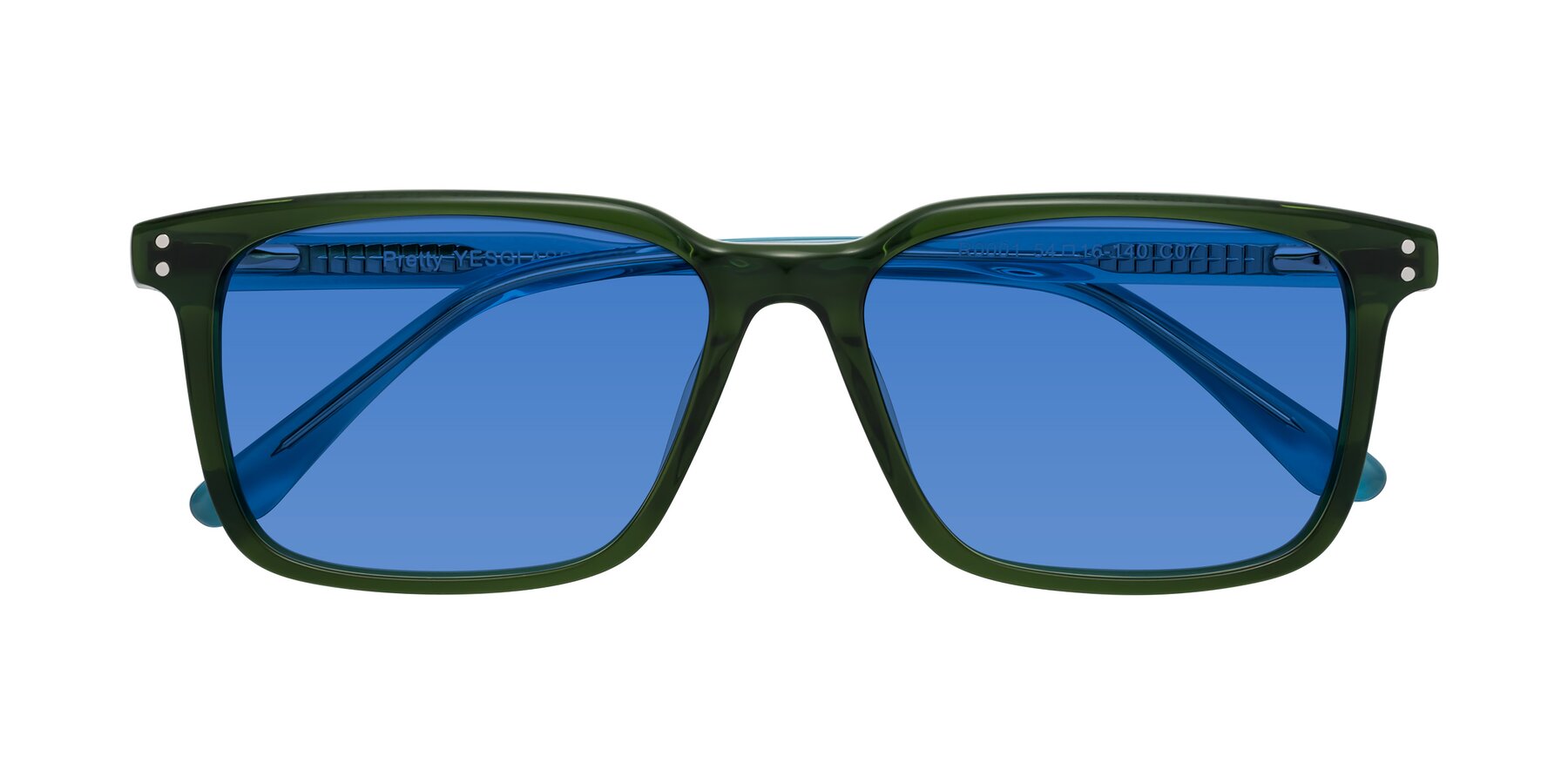 Folded Front of Pretty in Jade Green with Blue Tinted Lenses