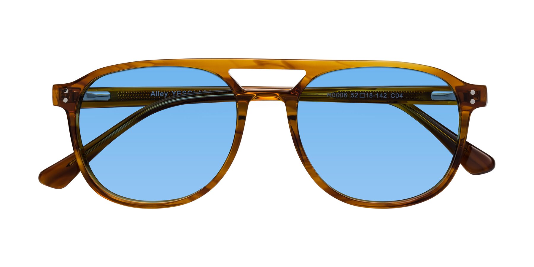 Folded Front of Alley in Amber striped with Medium Blue Tinted Lenses