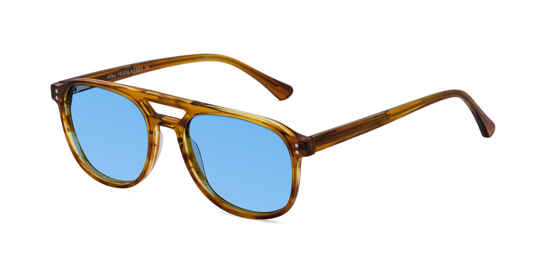 Angle of Alley in Amber striped with Medium Blue Tinted Lenses