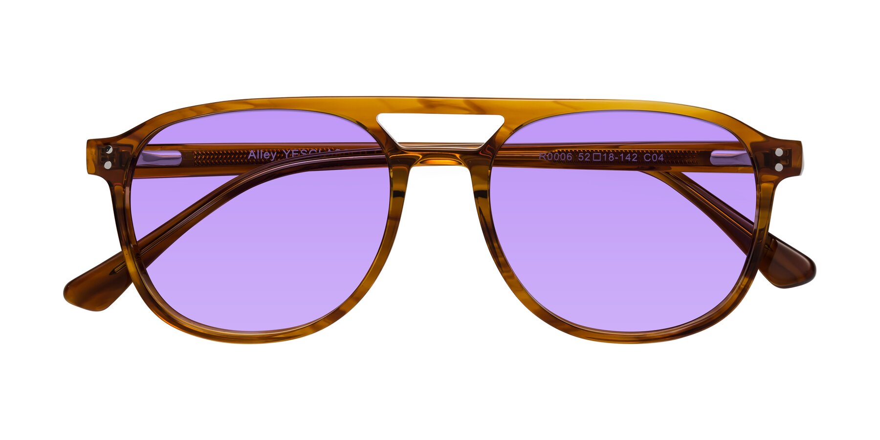 Folded Front of Alley in Amber striped with Medium Purple Tinted Lenses