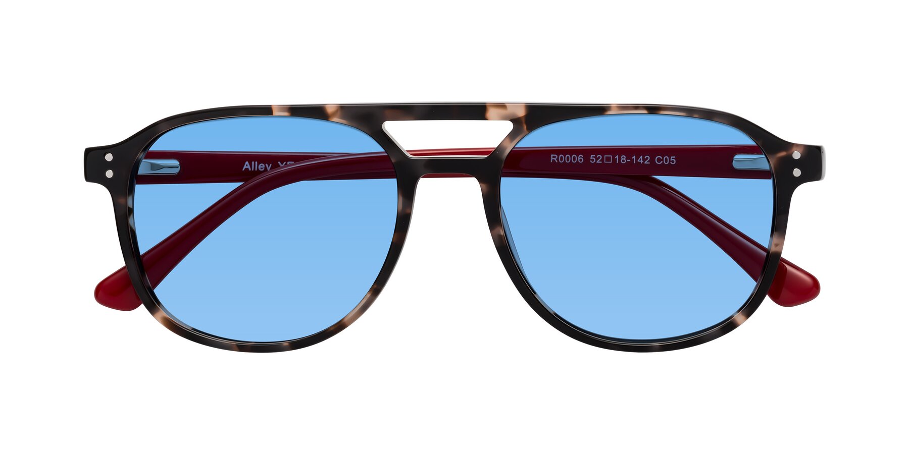 Folded Front of Alley in Tortoise-Red with Medium Blue Tinted Lenses