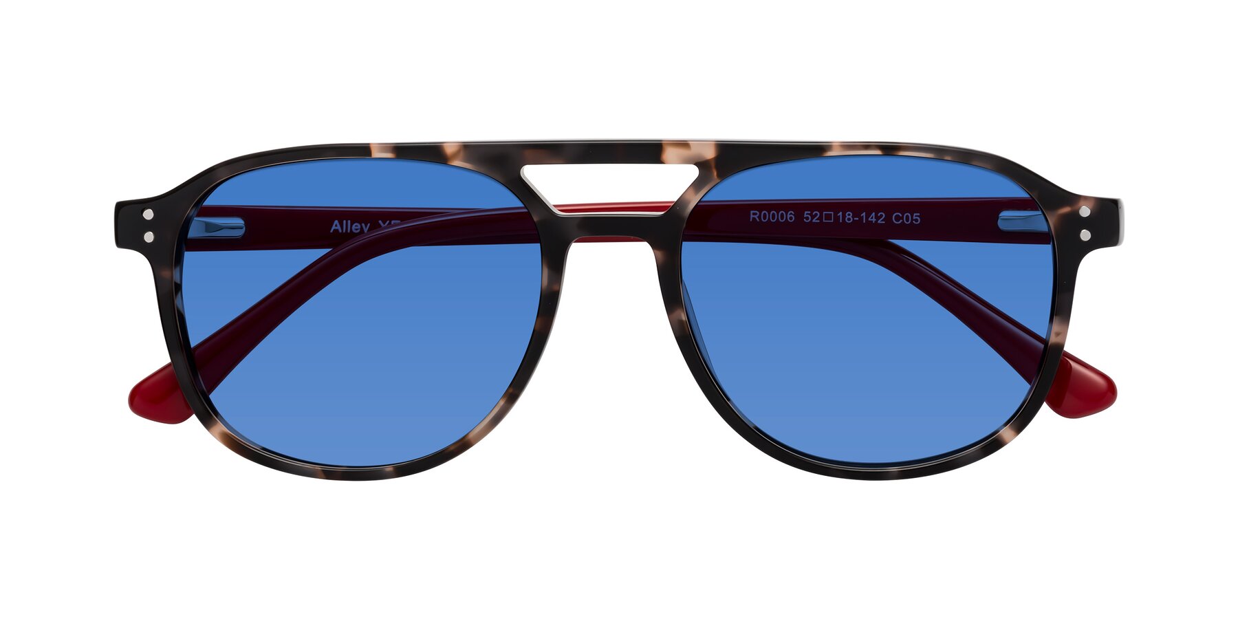 Folded Front of Alley in Tortoise-Red with Blue Tinted Lenses