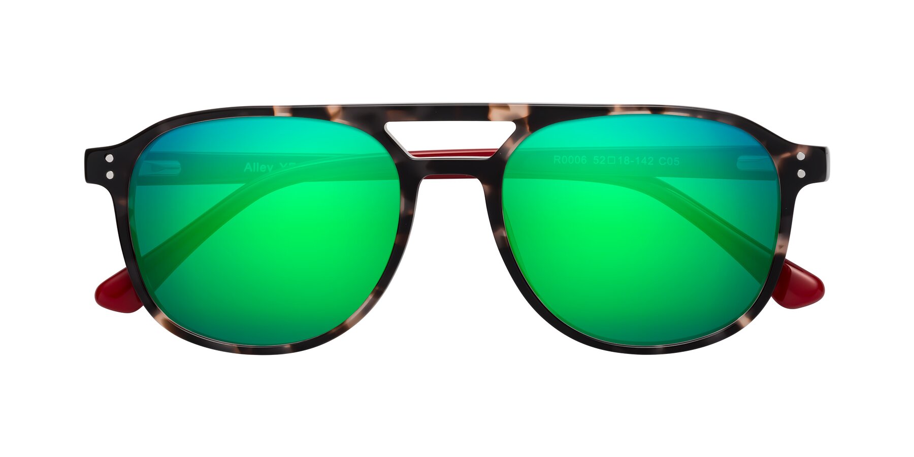 Folded Front of Alley in Tortoise-Red with Green Mirrored Lenses