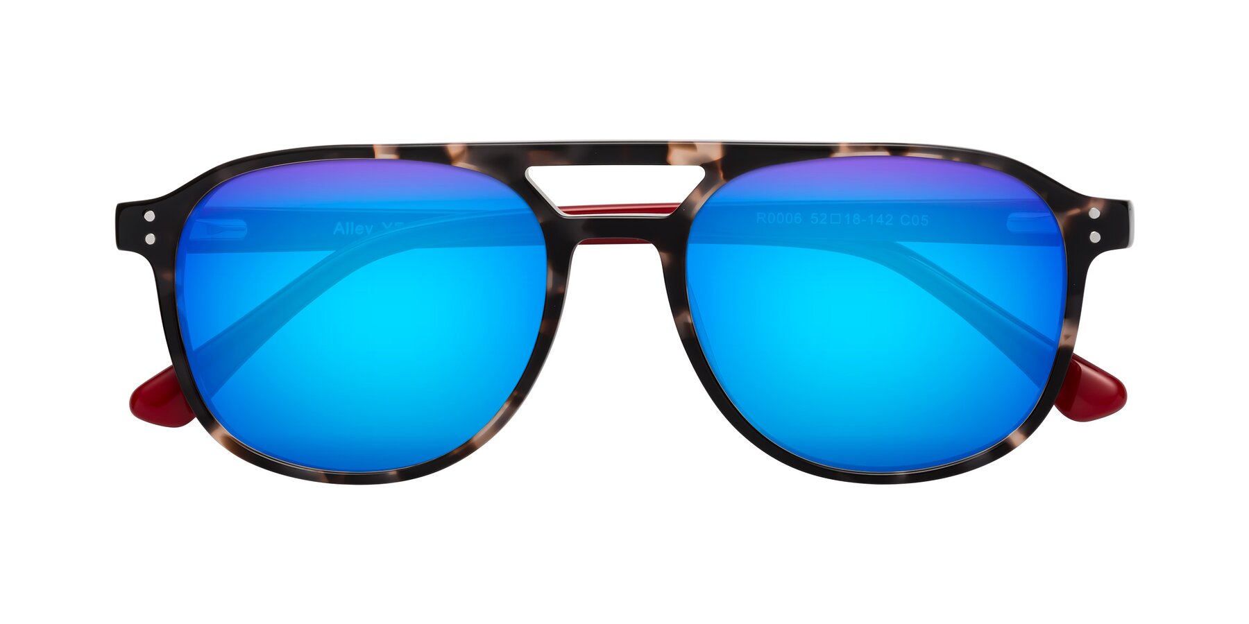 Folded Front of Alley in Tortoise-Red with Blue Mirrored Lenses