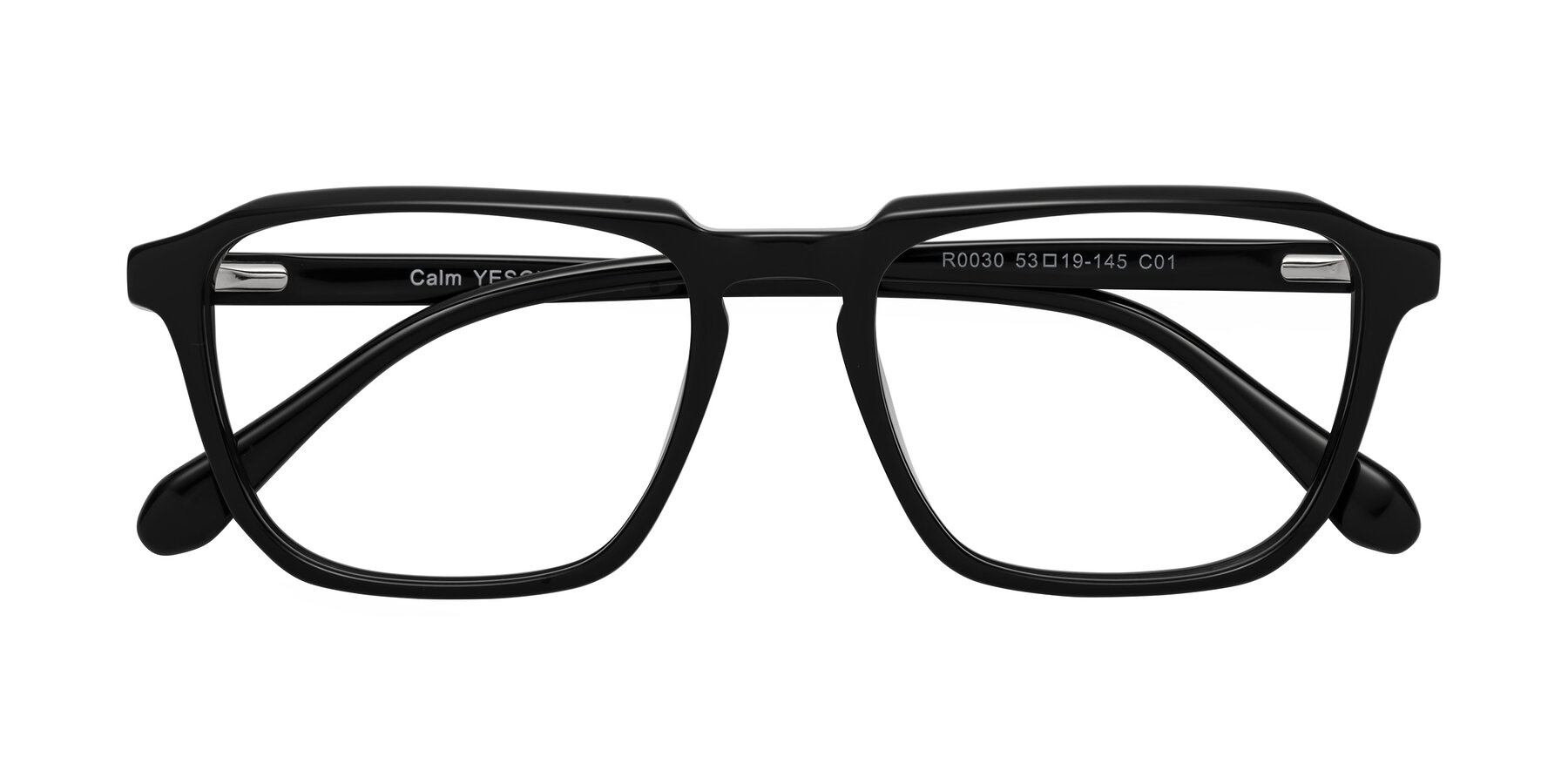 Folded Front of Calm in Black with Clear Eyeglass Lenses