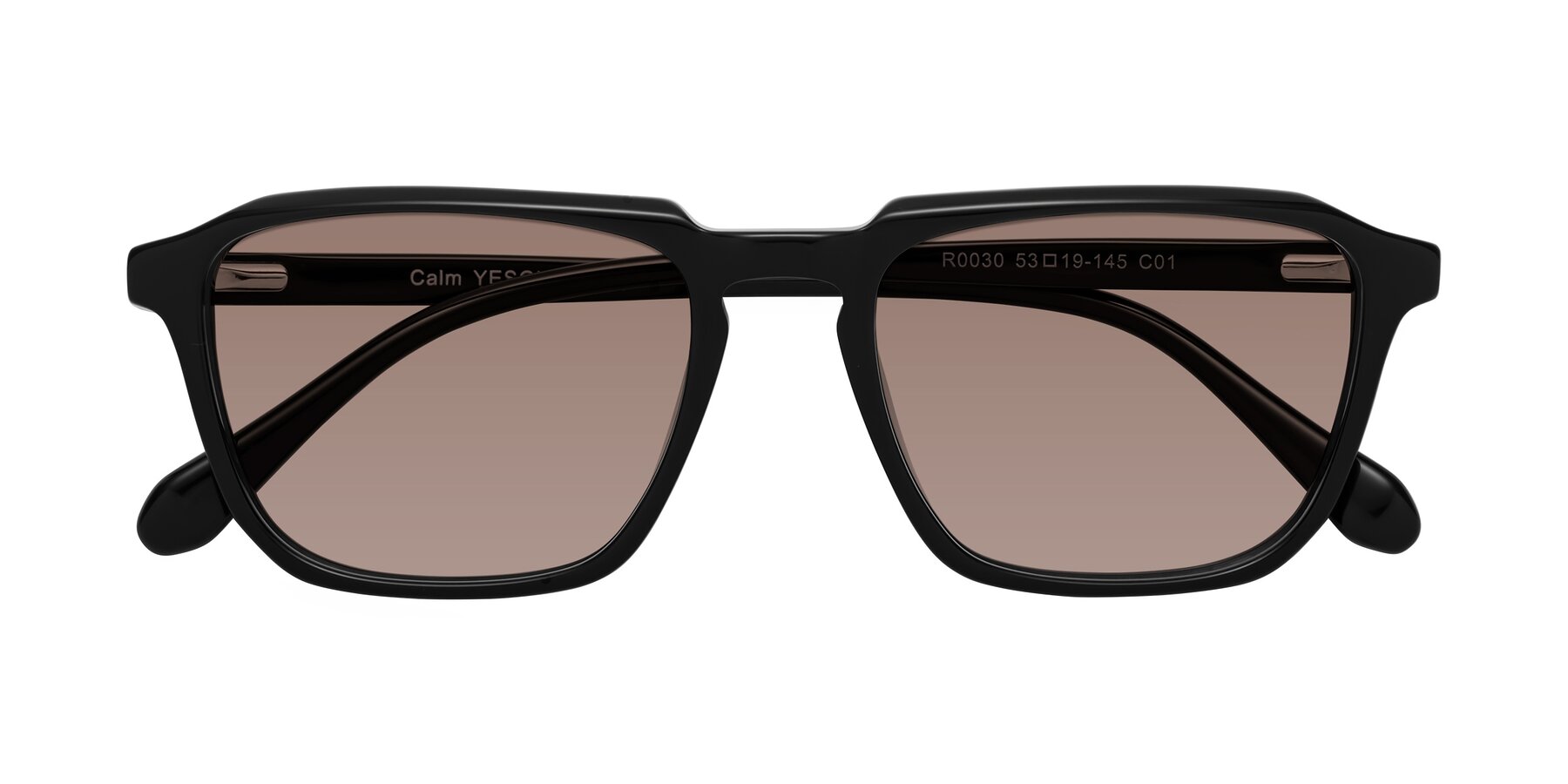 Folded Front of Calm in Black with Medium Brown Tinted Lenses