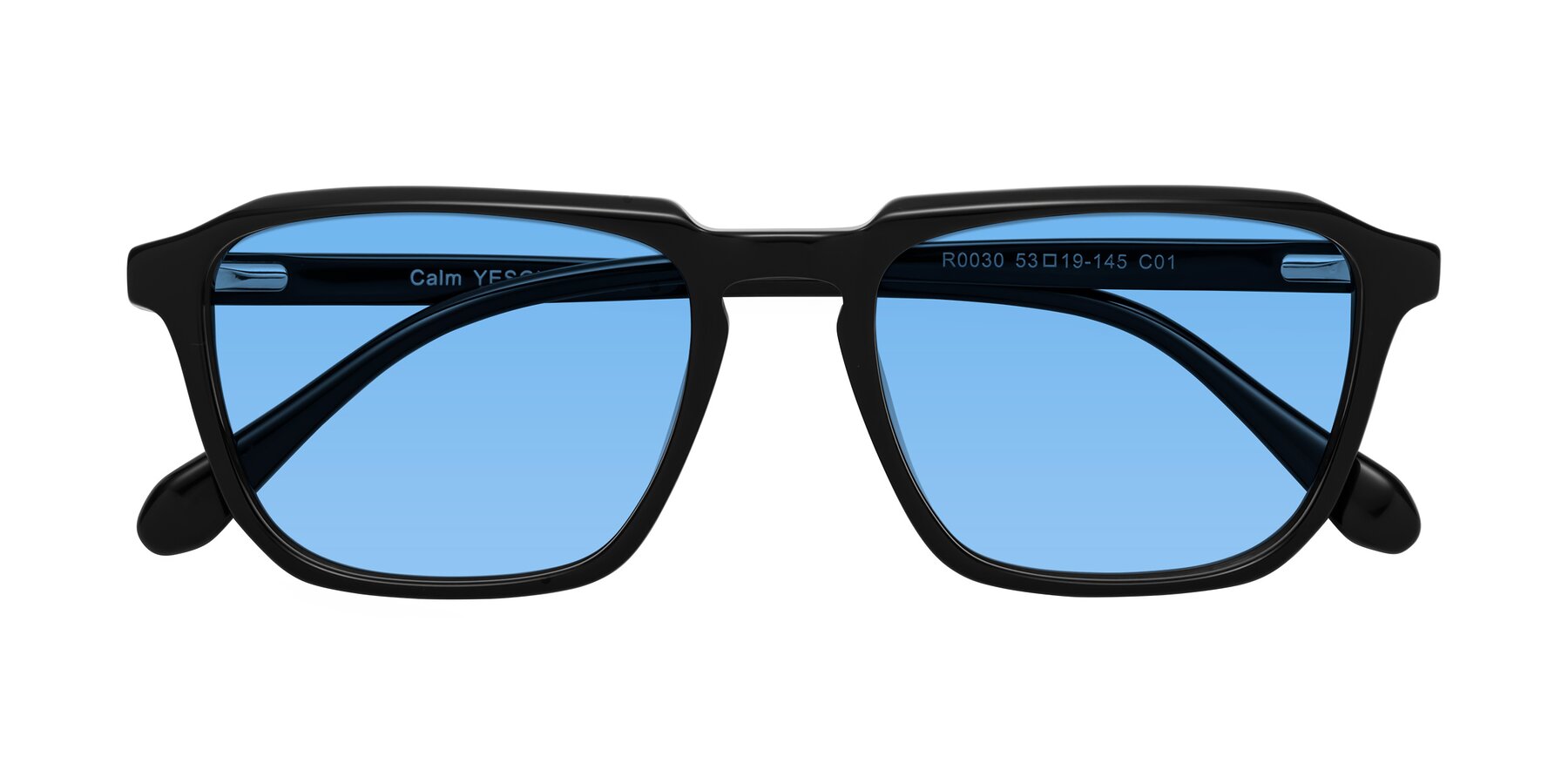 Folded Front of Calm in Black with Medium Blue Tinted Lenses