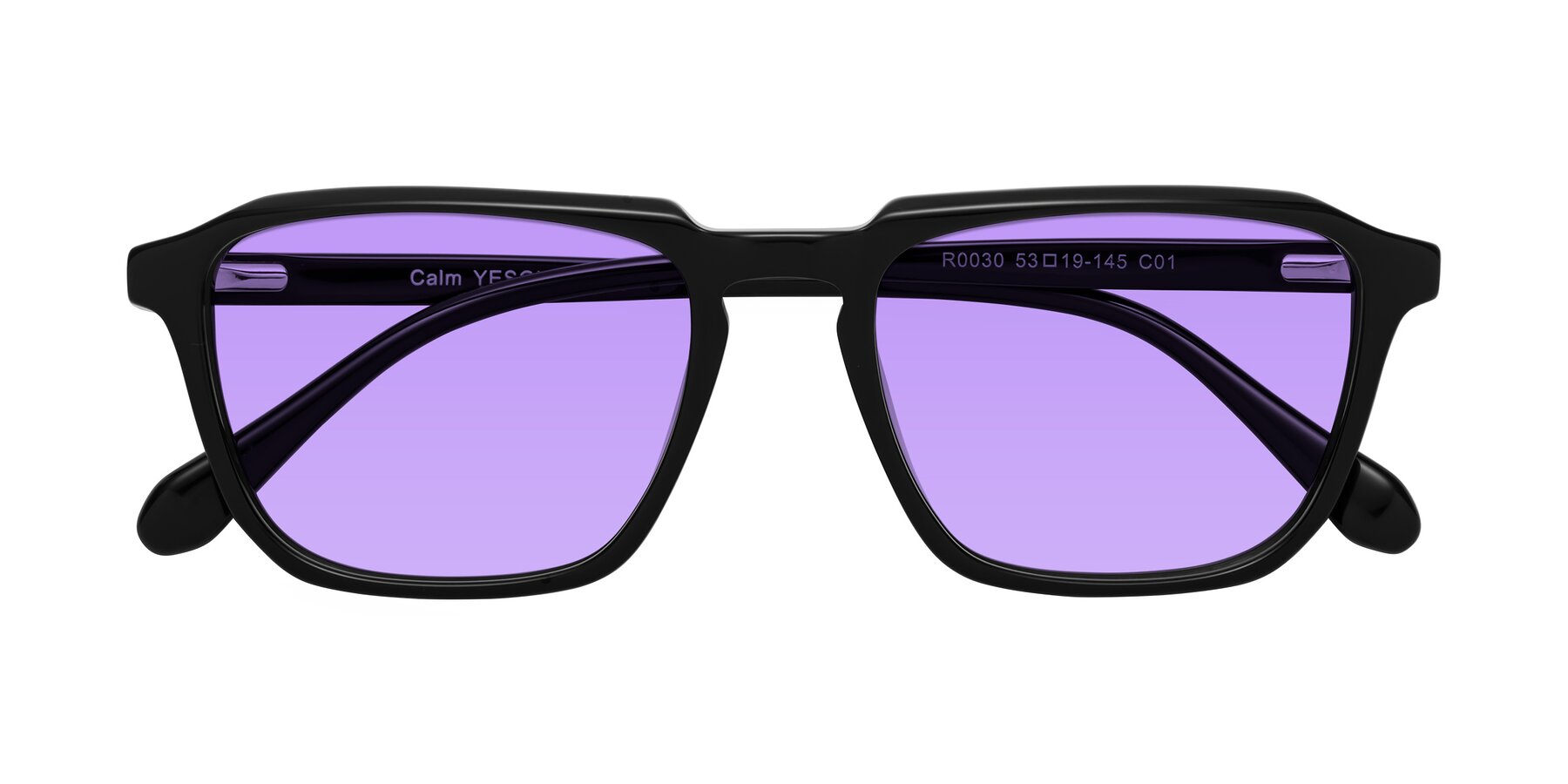 Folded Front of Calm in Black with Medium Purple Tinted Lenses