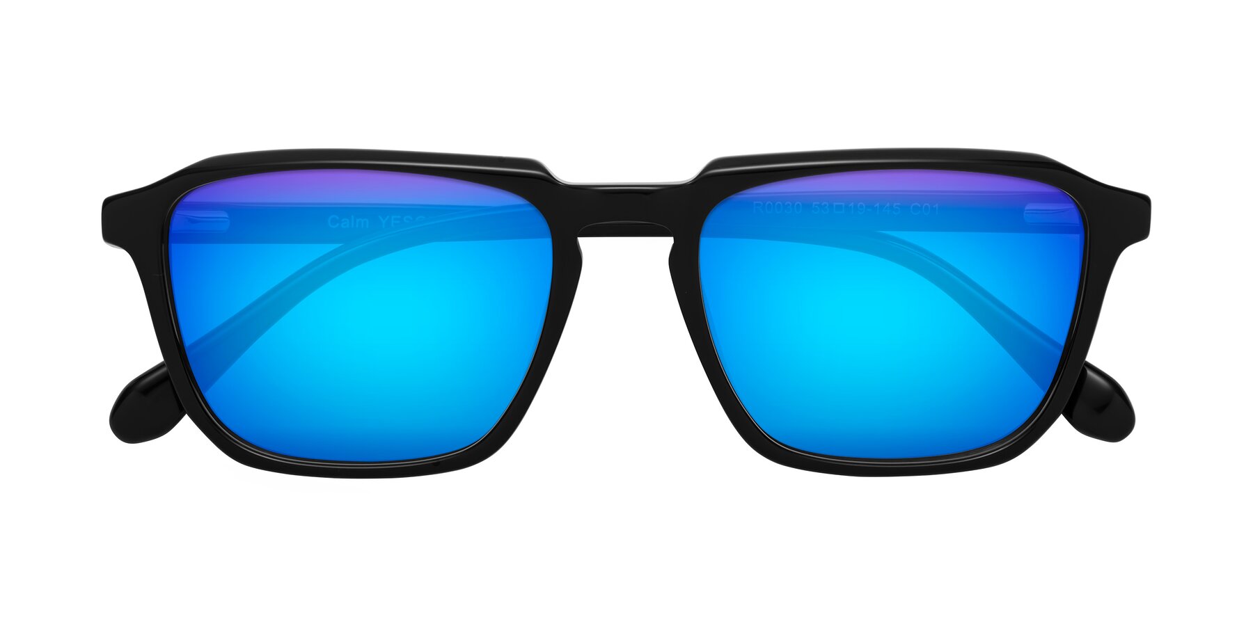 Folded Front of Calm in Black with Blue Mirrored Lenses