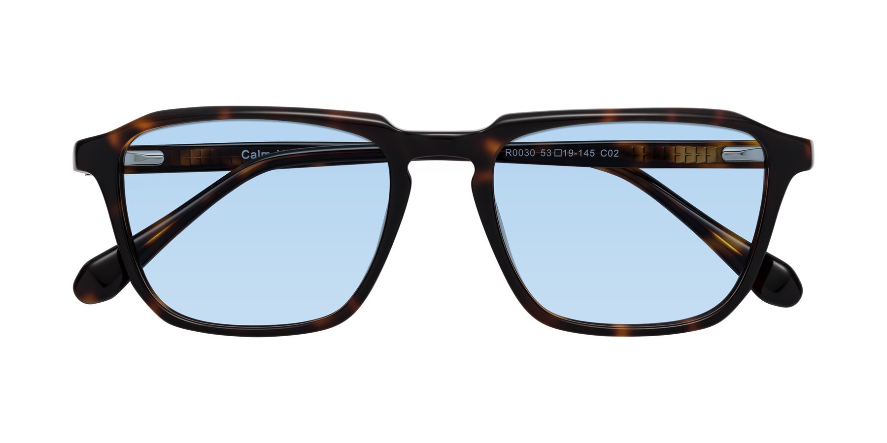 Folded Front of Calm in Tortoise with Light Blue Tinted Lenses