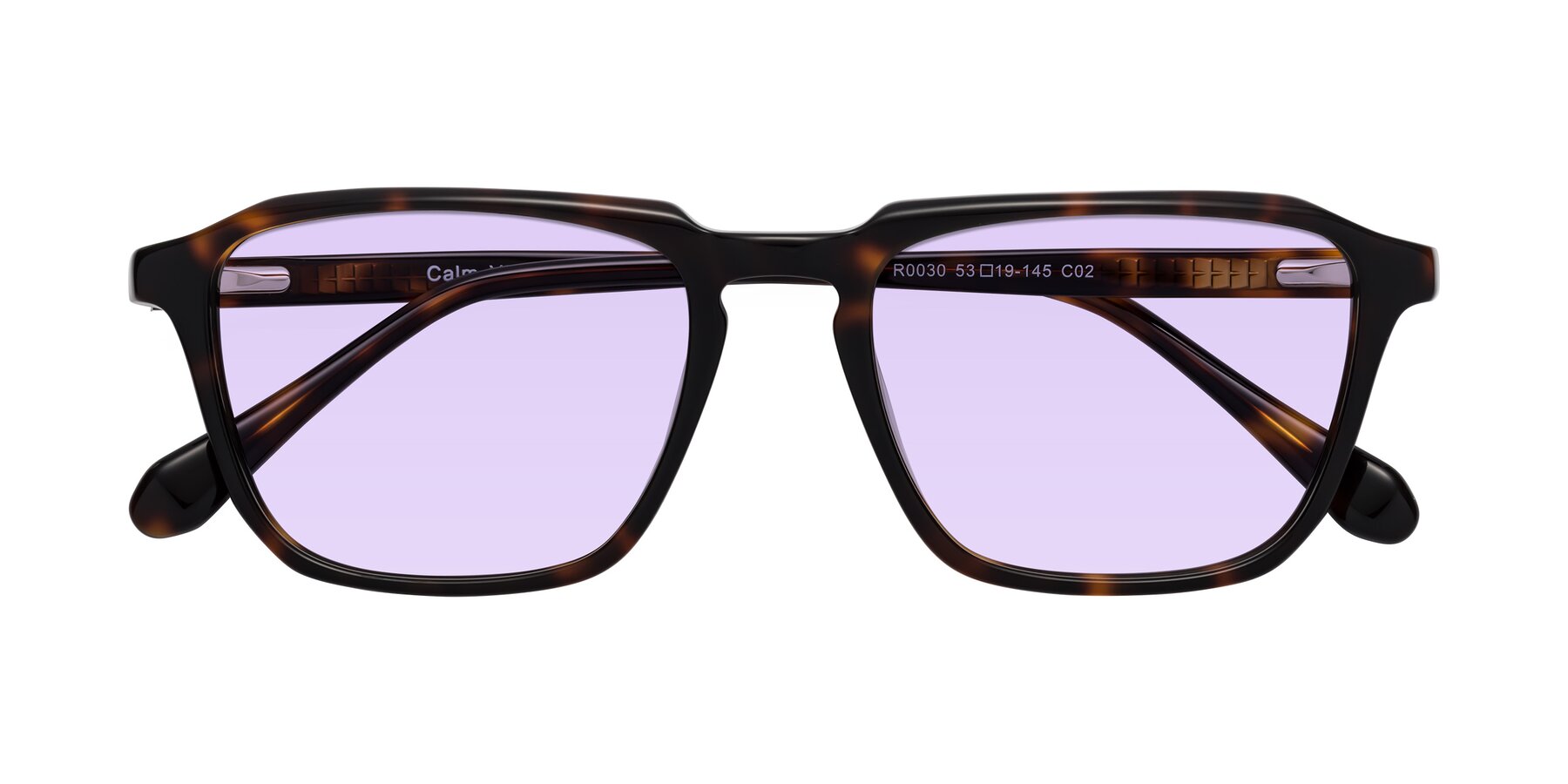 Folded Front of Calm in Tortoise with Light Purple Tinted Lenses