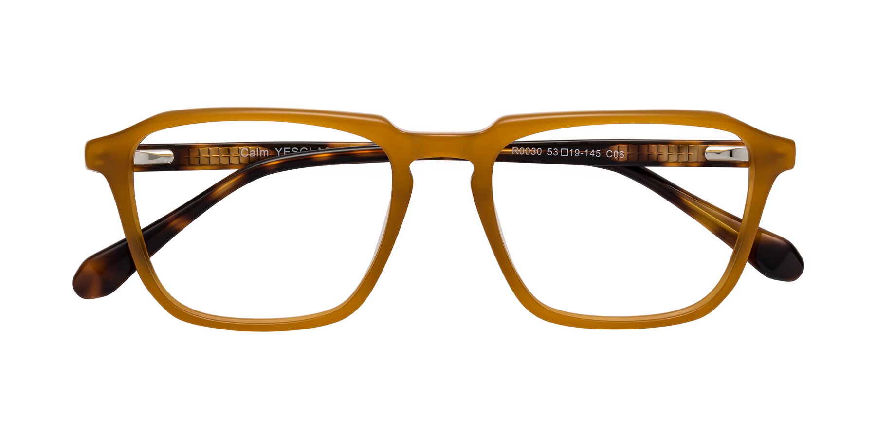 Folded Front of Calm in Caramel-Tortoise with Clear Eyeglass Lenses