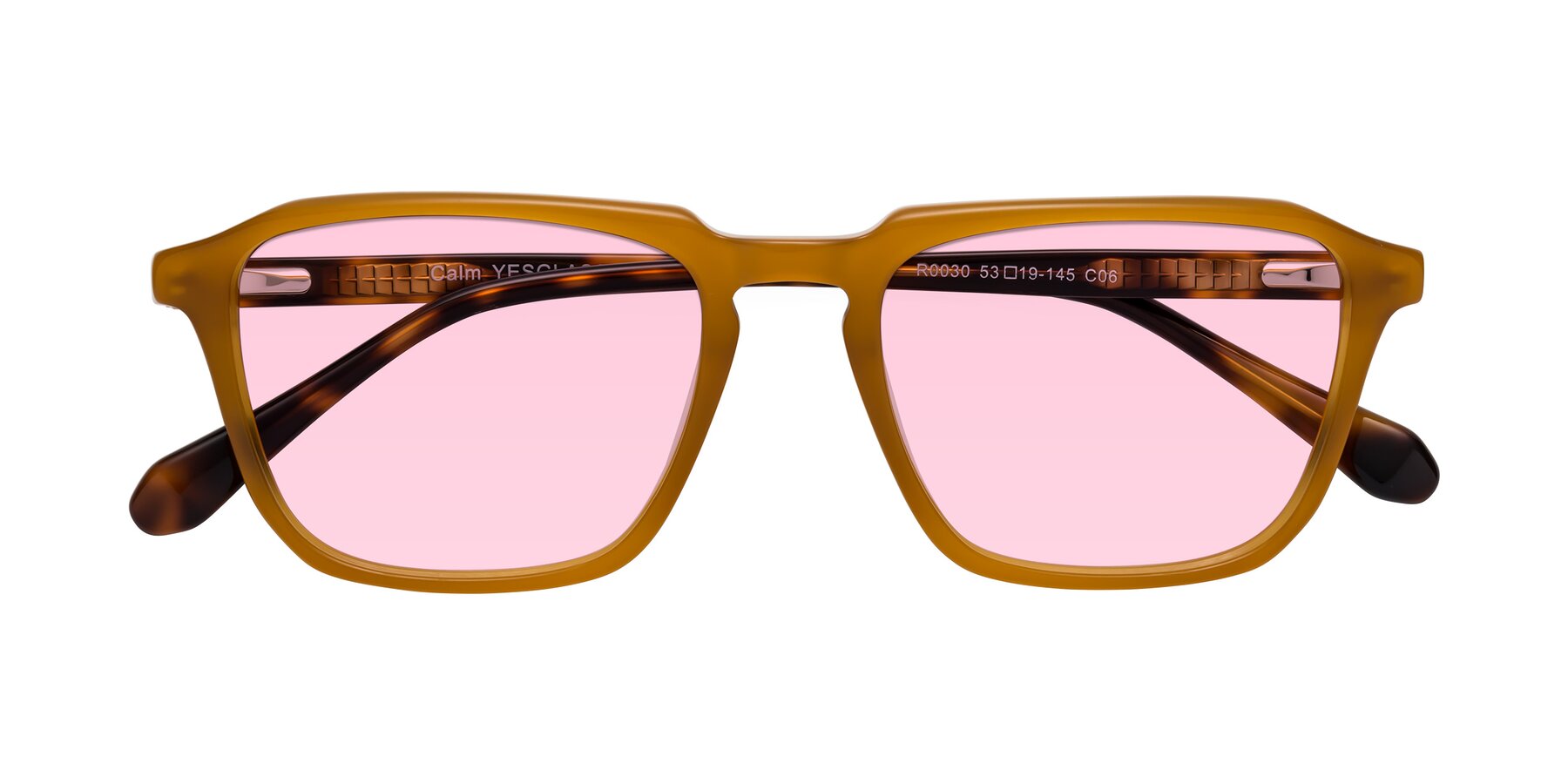 Folded Front of Calm in Caramel-Tortoise with Light Pink Tinted Lenses