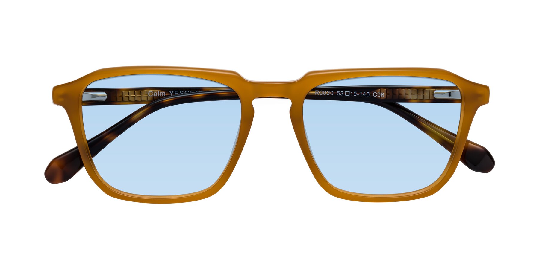 Folded Front of Calm in Caramel-Tortoise with Light Blue Tinted Lenses