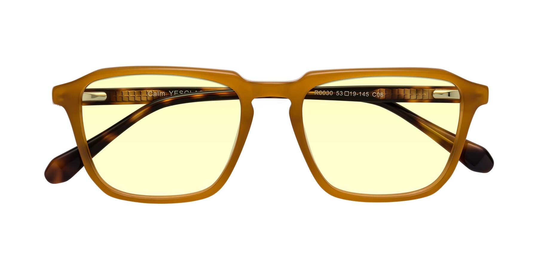 Folded Front of Calm in Caramel-Tortoise with Light Yellow Tinted Lenses