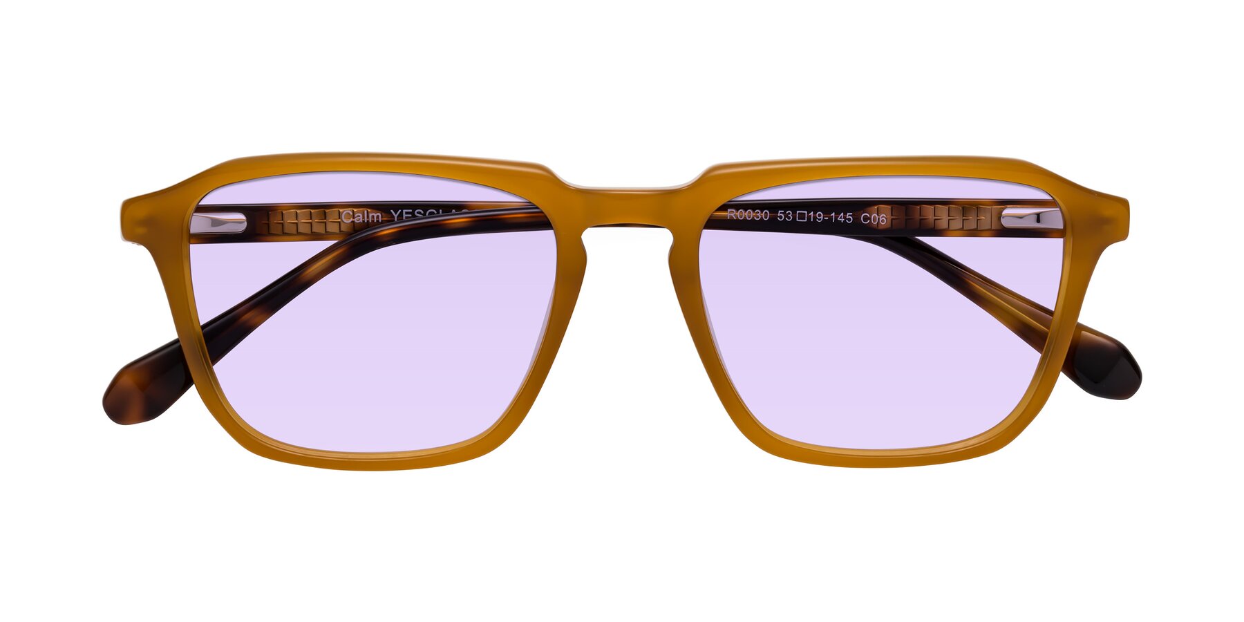 Folded Front of Calm in Caramel-Tortoise with Light Purple Tinted Lenses