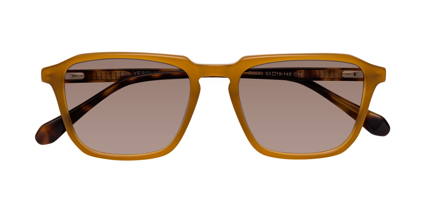 Folded Front of Calm in Caramel-Tortoise with Medium Brown Tinted Lenses