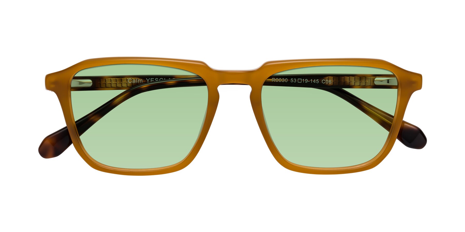 Folded Front of Calm in Caramel-Tortoise with Medium Green Tinted Lenses