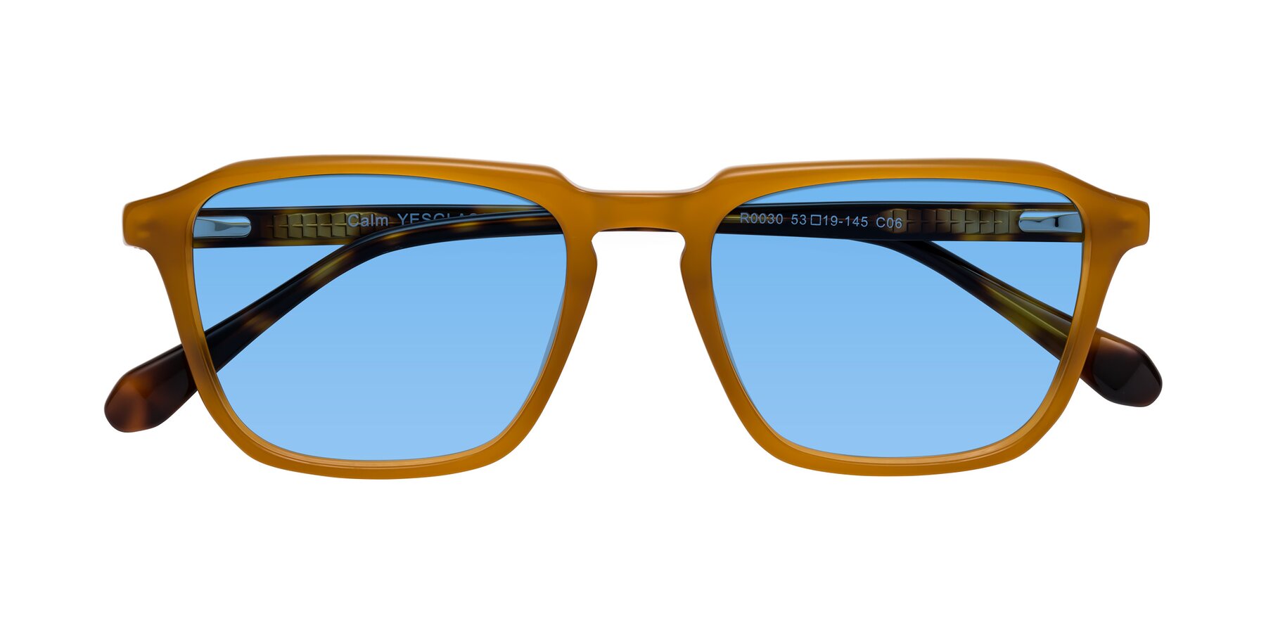 Folded Front of Calm in Caramel-Tortoise with Medium Blue Tinted Lenses