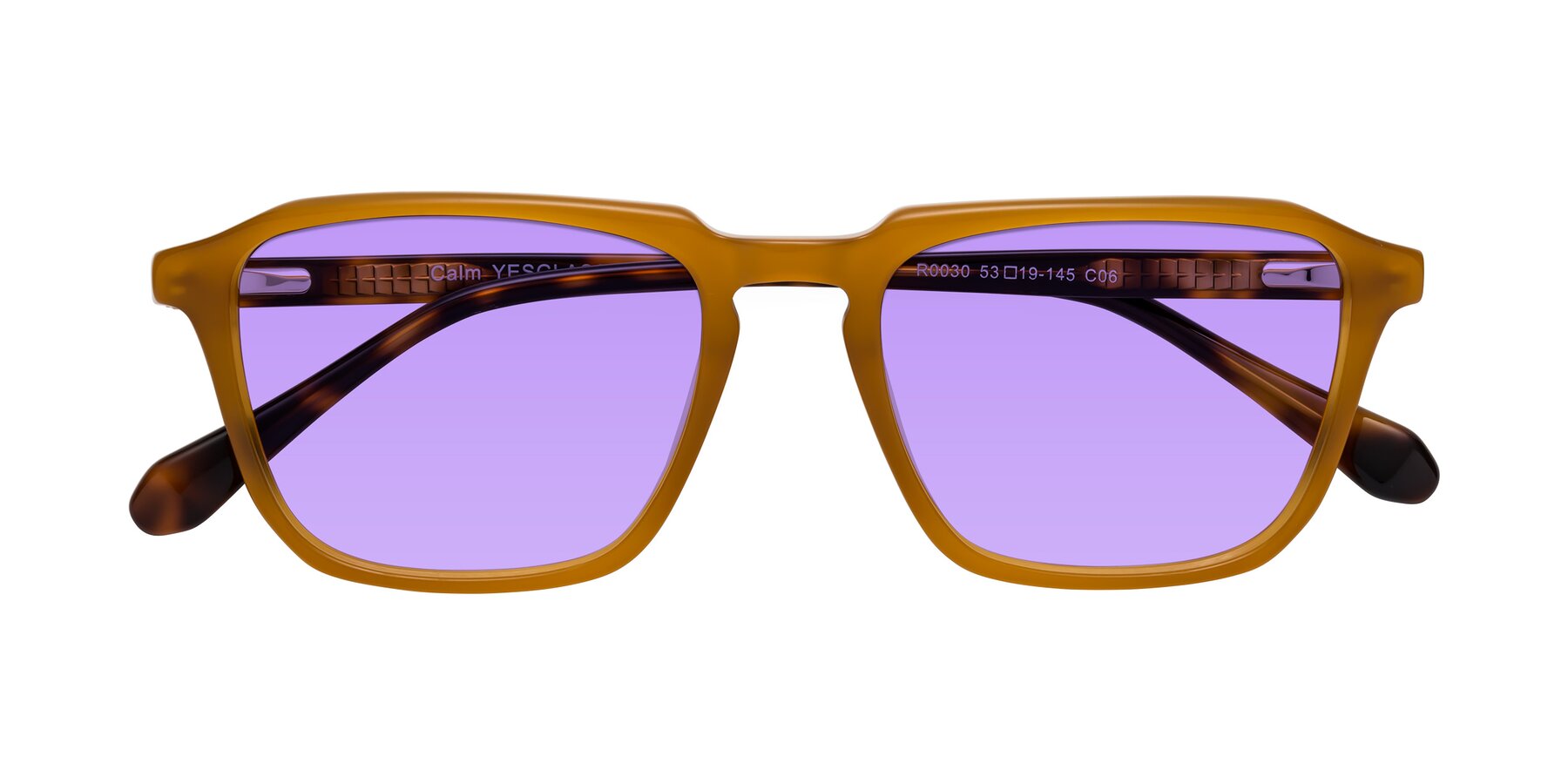 Folded Front of Calm in Caramel-Tortoise with Medium Purple Tinted Lenses