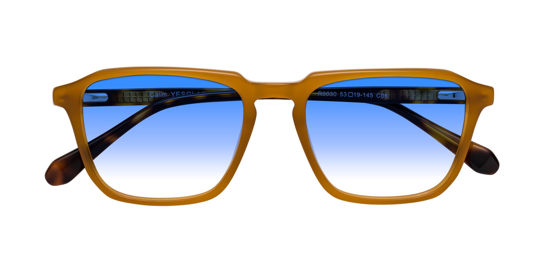 Folded Front of Calm in Caramel-Tortoise with Blue Gradient Lenses