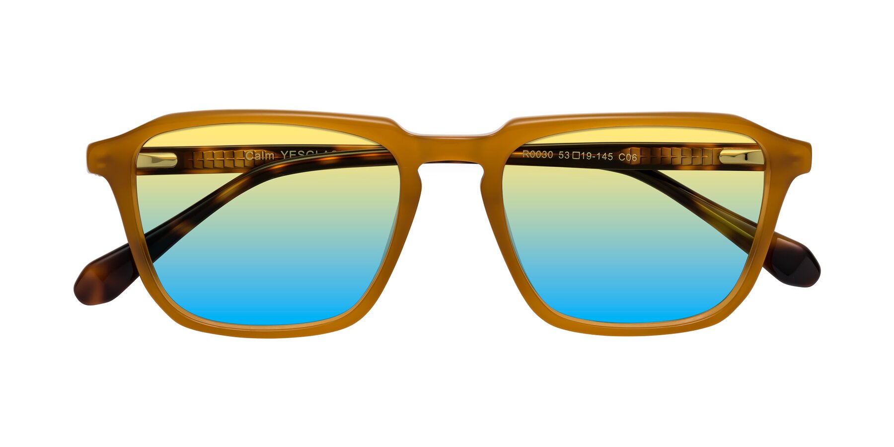 Folded Front of Calm in Caramel-Tortoise with Yellow / Blue Gradient Lenses