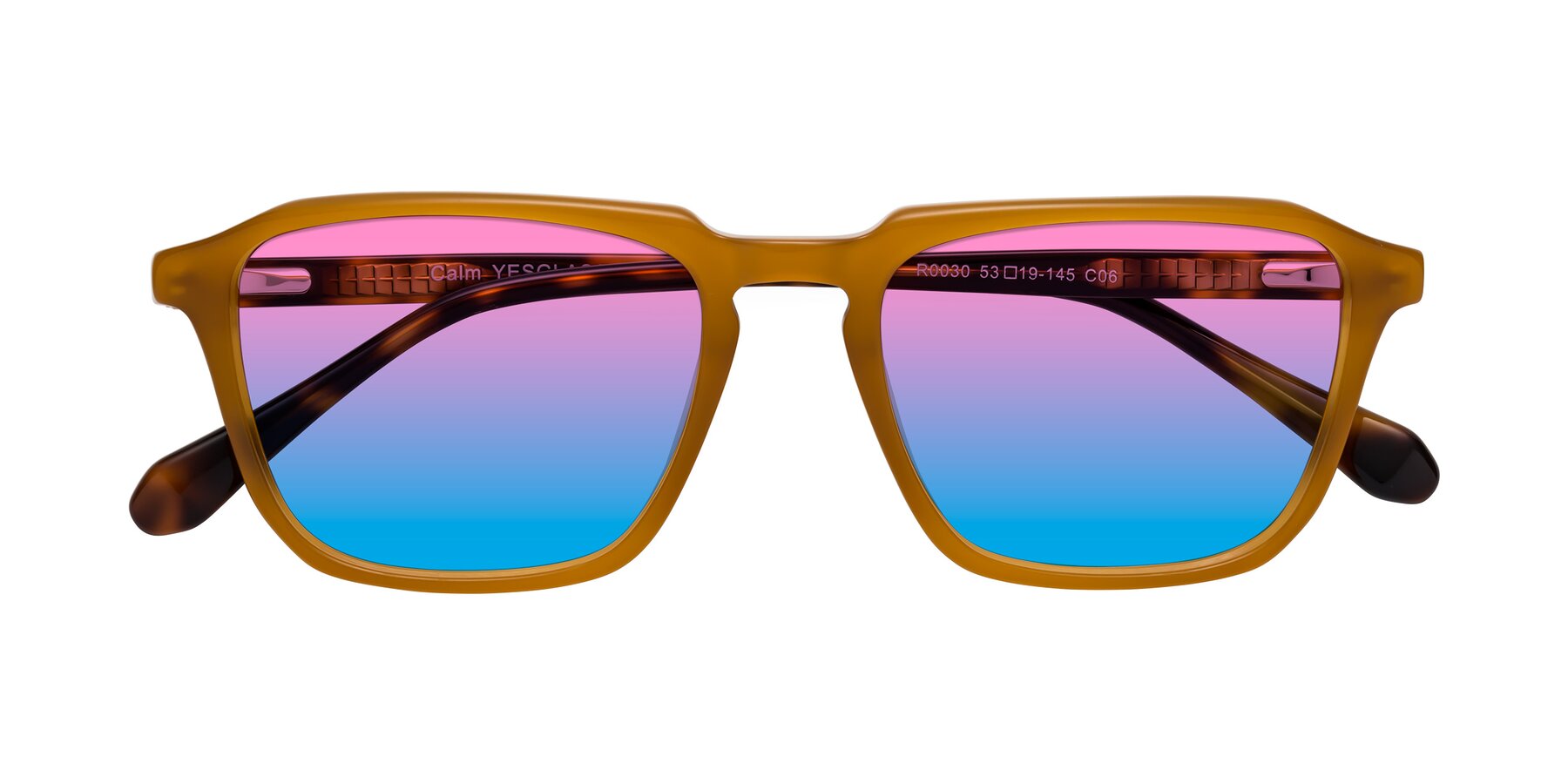 Folded Front of Calm in Caramel-Tortoise with Pink / Blue Gradient Lenses