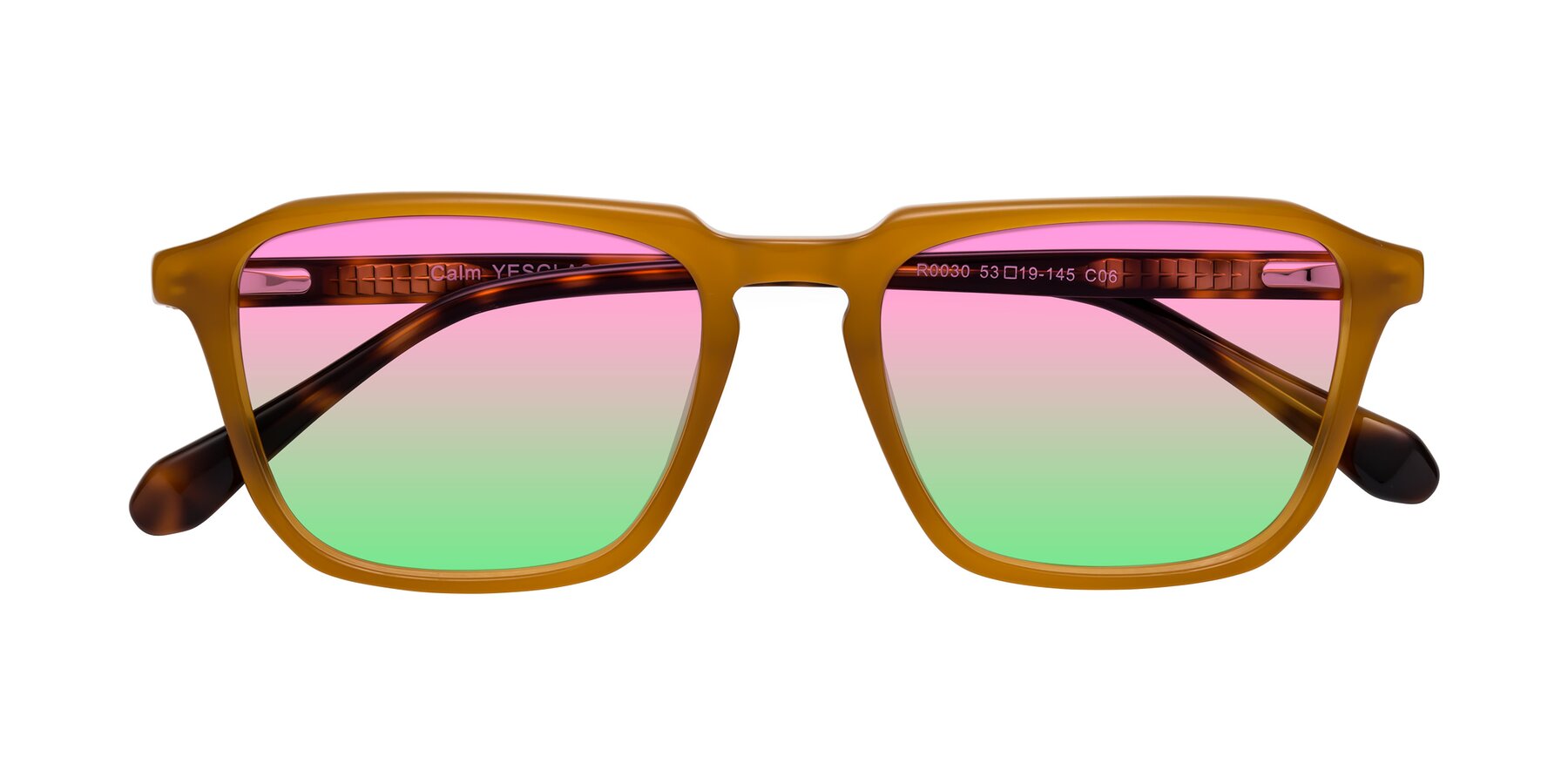 Folded Front of Calm in Caramel-Tortoise with Pink / Green Gradient Lenses