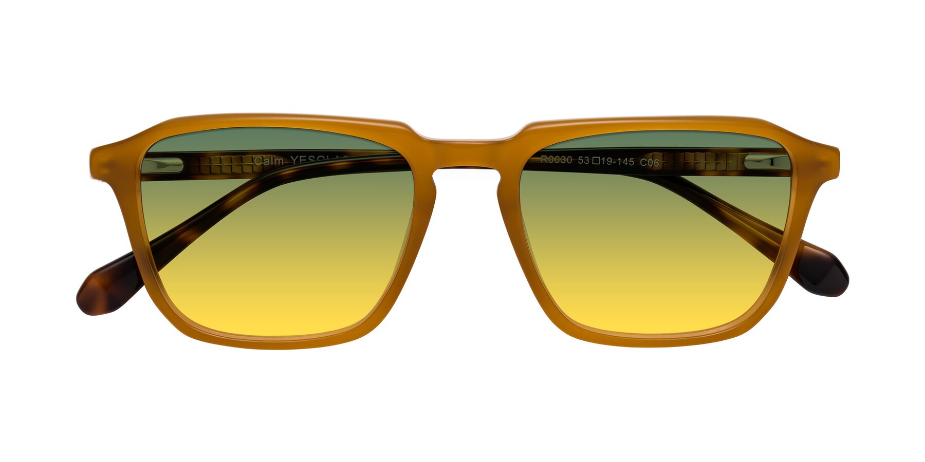 Folded Front of Calm in Caramel-Tortoise with Green / Yellow Gradient Lenses