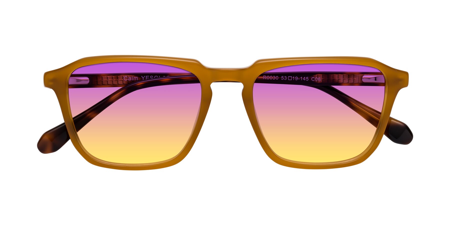 Folded Front of Calm in Caramel-Tortoise with Purple / Yellow Gradient Lenses