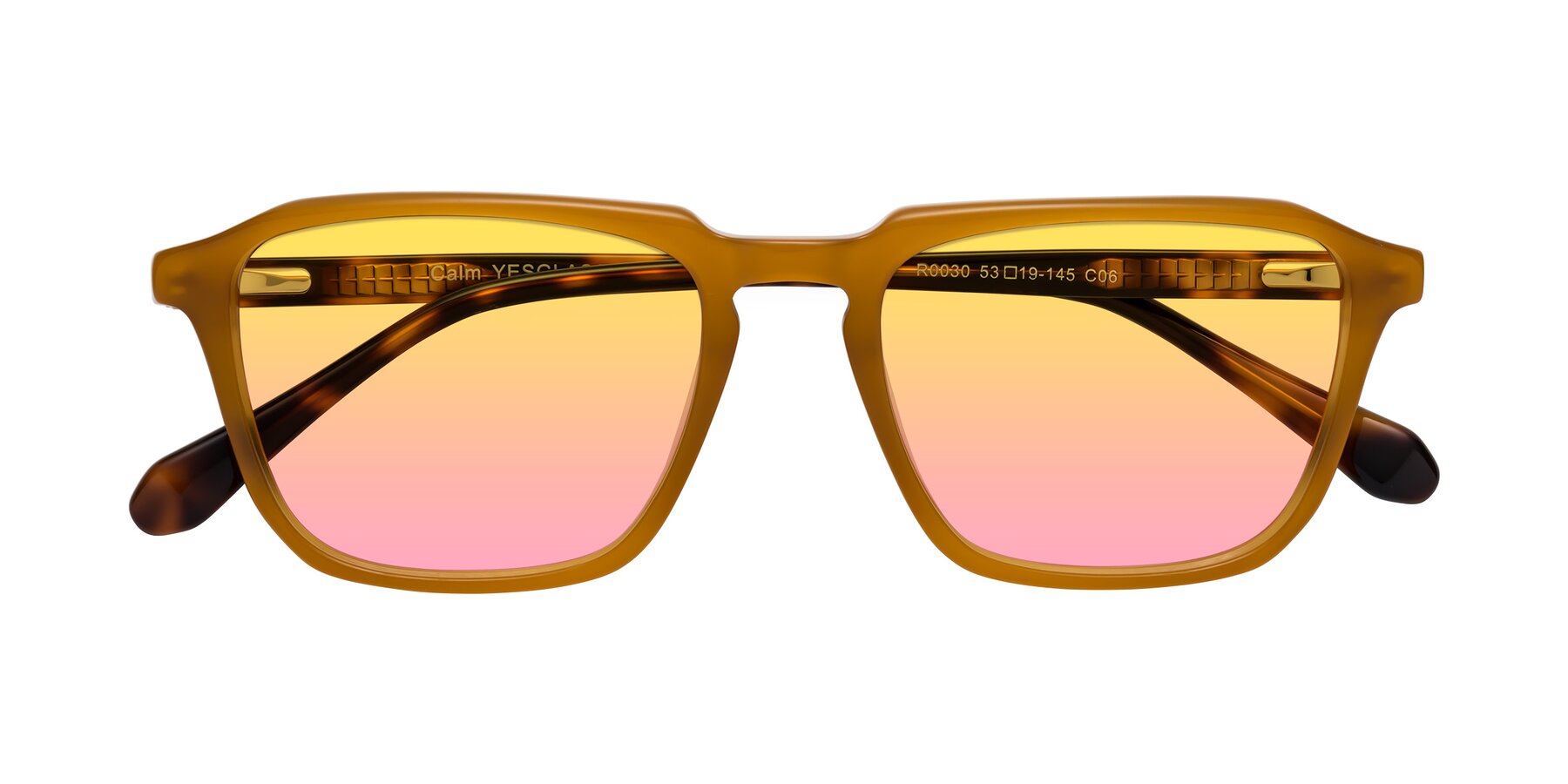 Folded Front of Calm in Caramel-Tortoise with Yellow / Pink Gradient Lenses