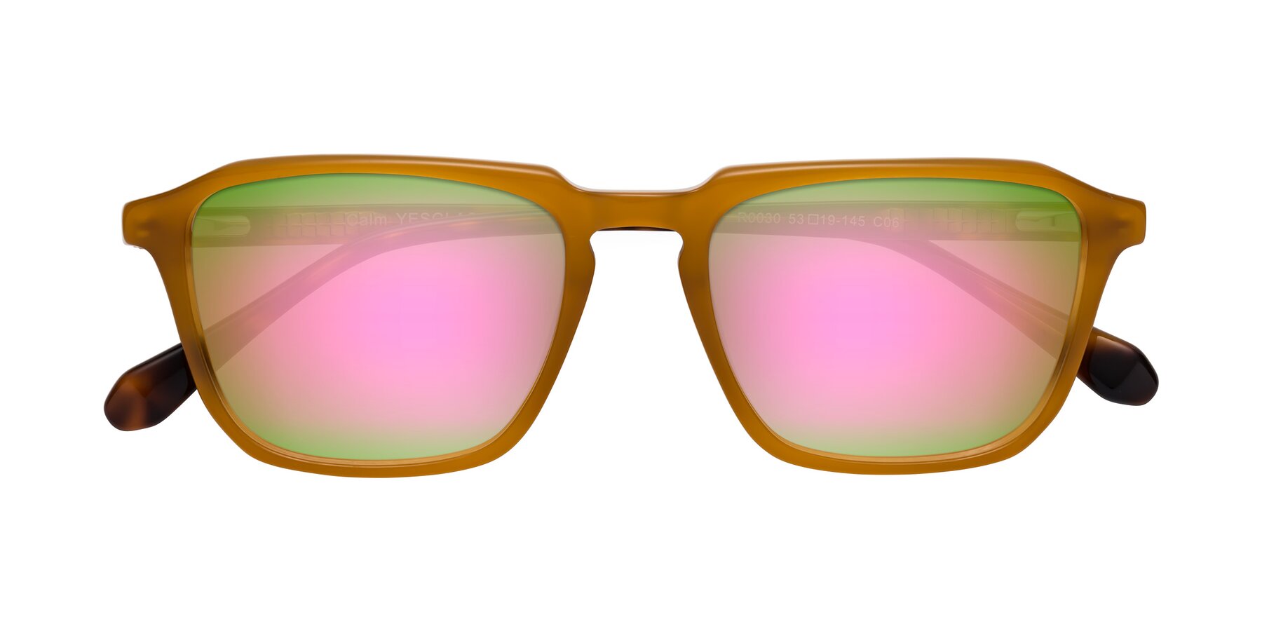 Folded Front of Calm in Caramel-Tortoise with Pink Mirrored Lenses