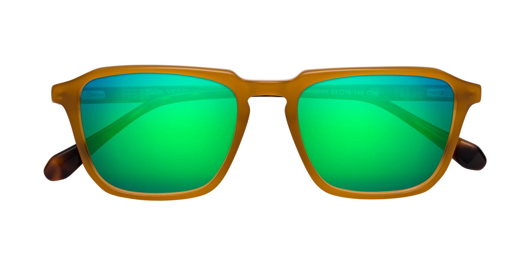 Folded Front of Calm in Caramel-Tortoise with Green Mirrored Lenses