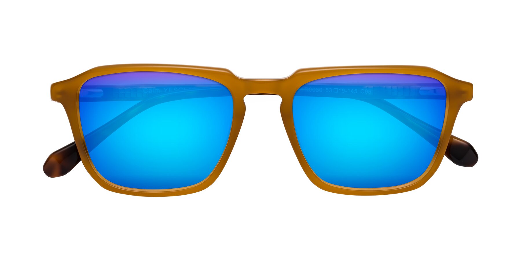 Folded Front of Calm in Caramel-Tortoise with Blue Mirrored Lenses