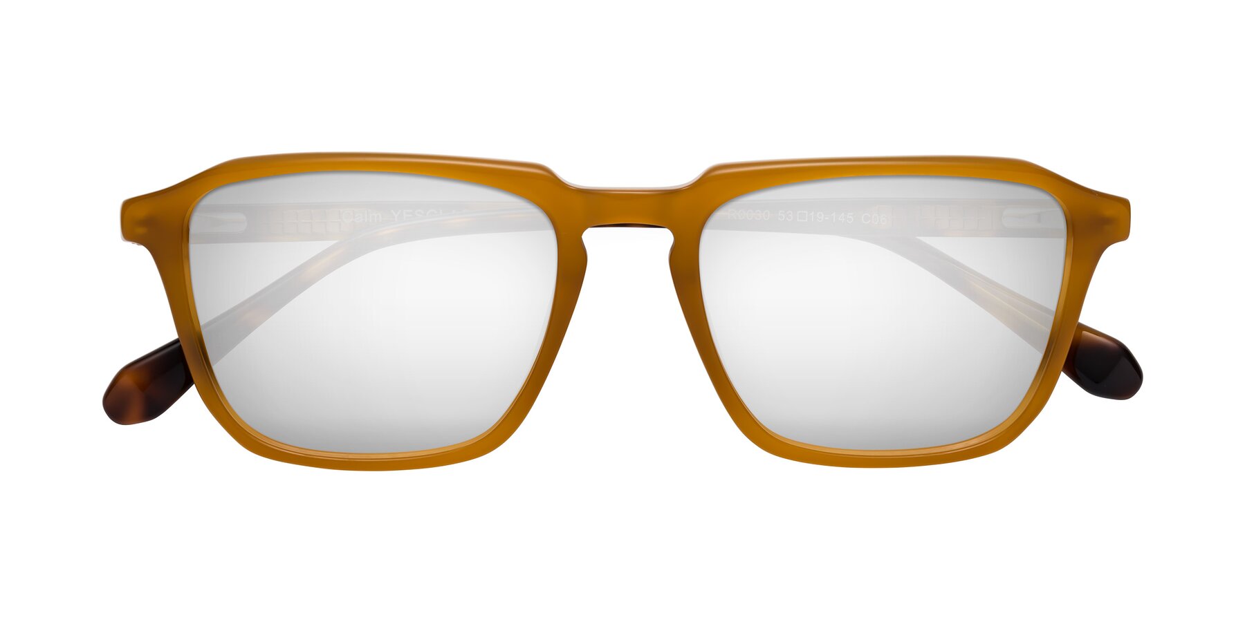 Folded Front of Calm in Caramel-Tortoise with Silver Mirrored Lenses