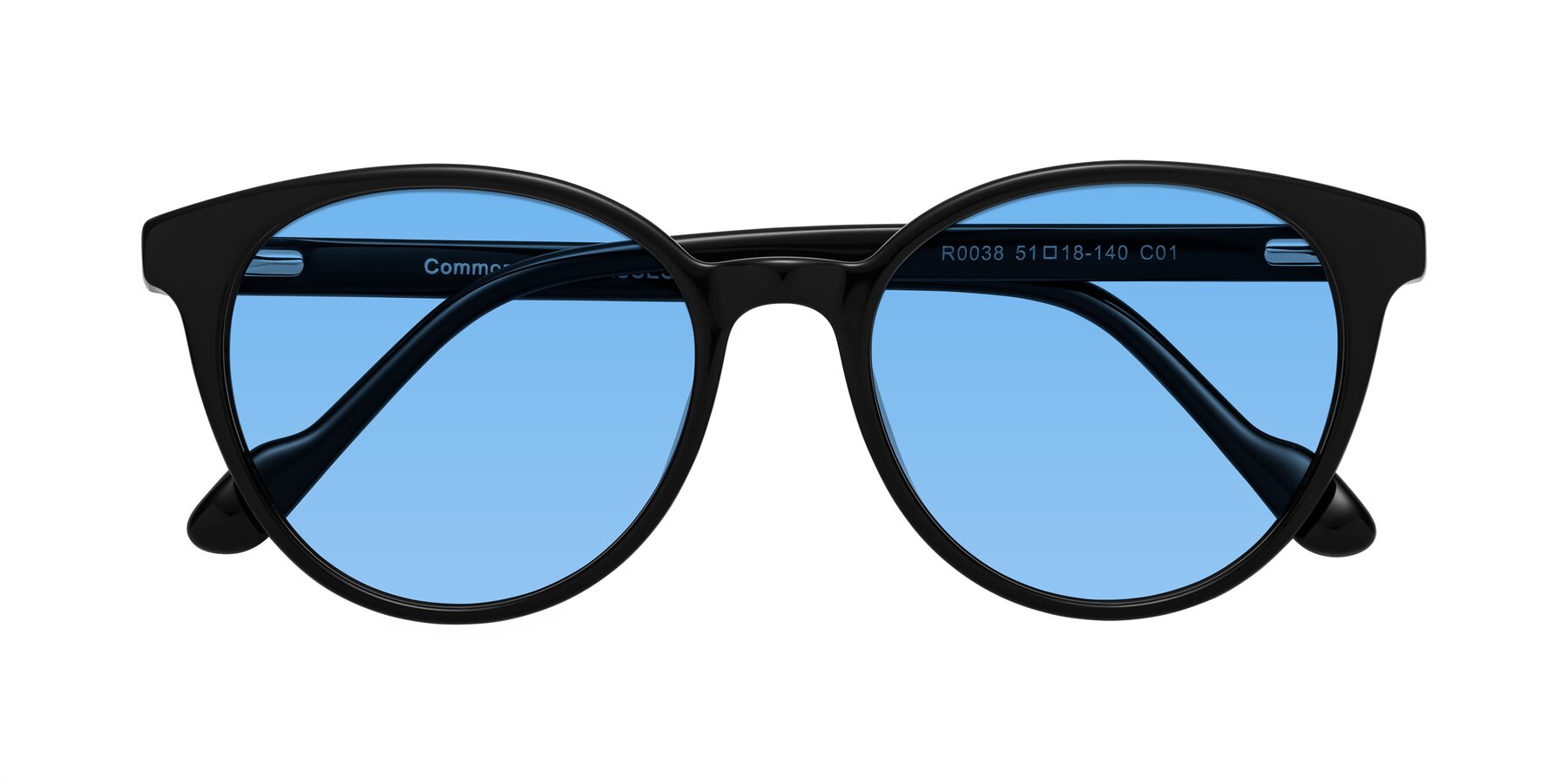 Folded Front of Common in Black with Medium Blue Tinted Lenses