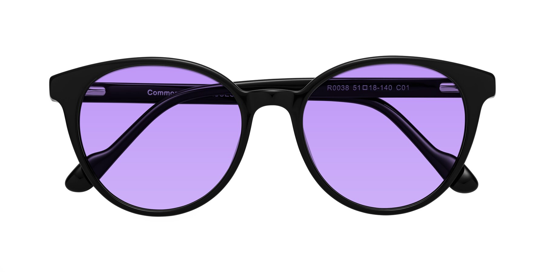 Folded Front of Common in Black with Medium Purple Tinted Lenses