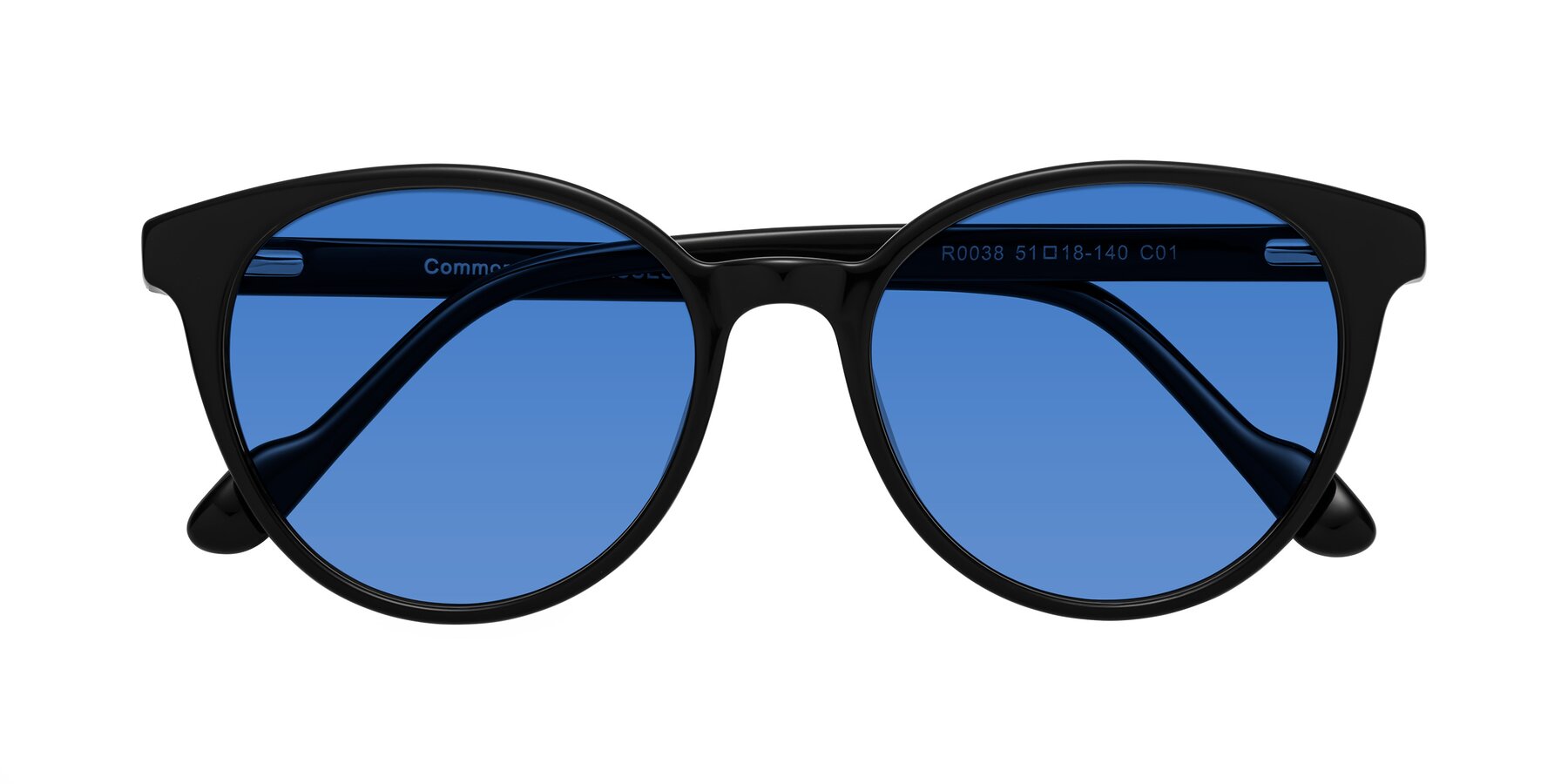 Folded Front of Common in Black with Blue Tinted Lenses