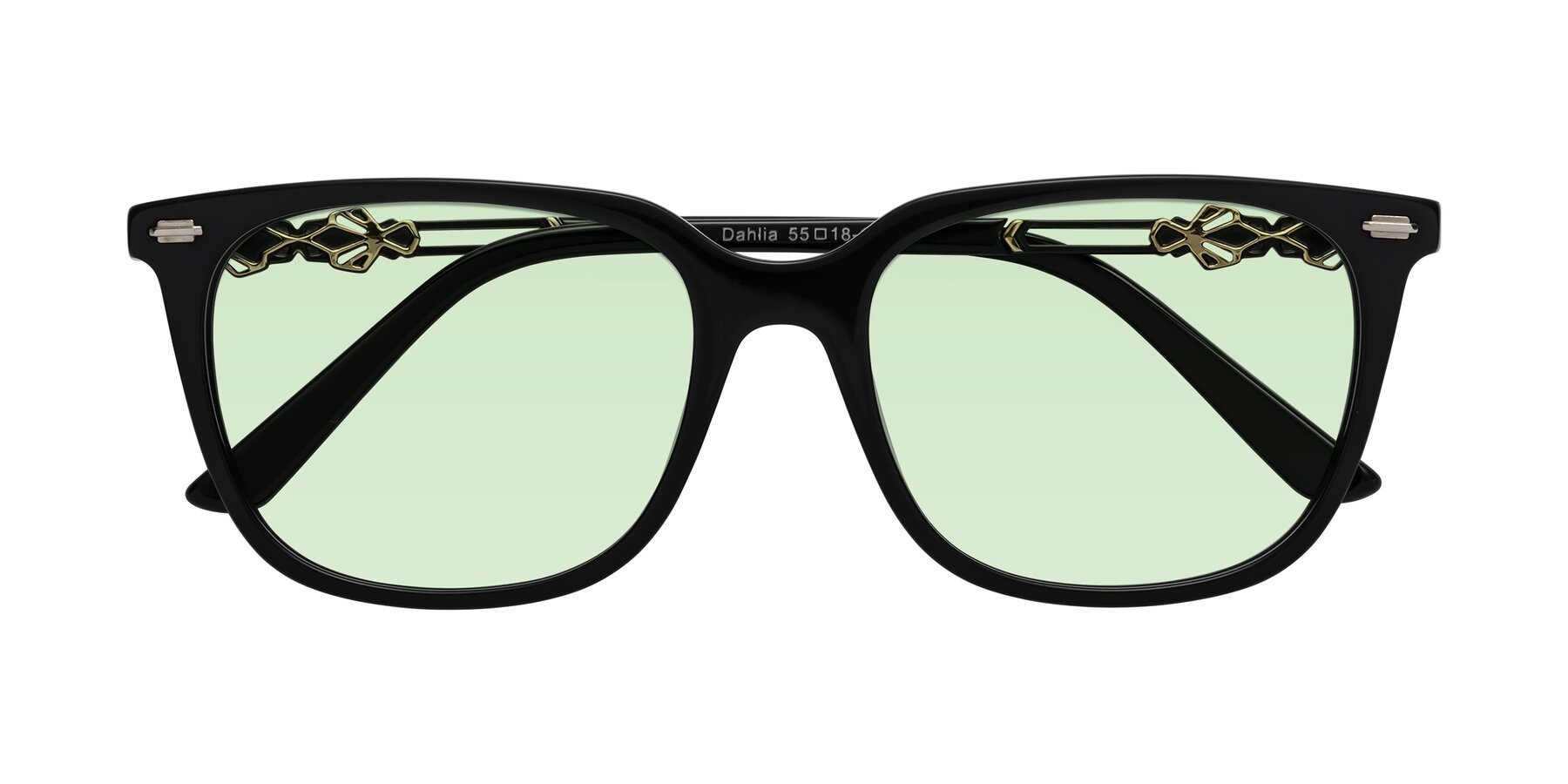 Folded Front of Dahlia in Black with Light Green Tinted Lenses