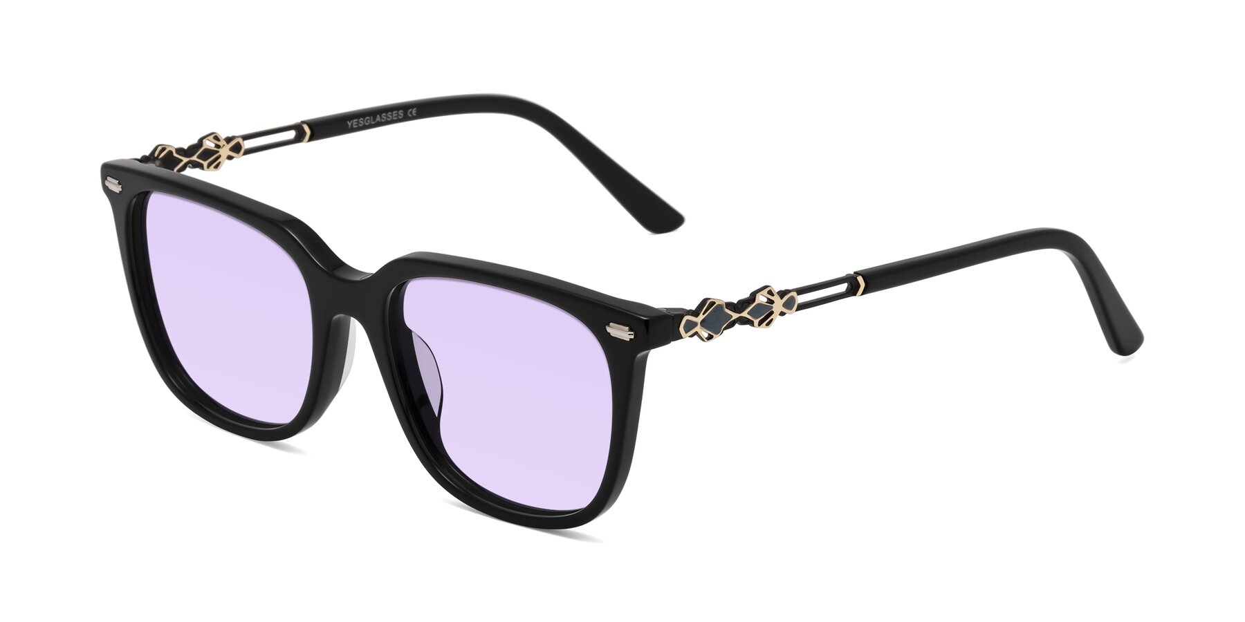 Angle of Dahlia in Black with Light Purple Tinted Lenses