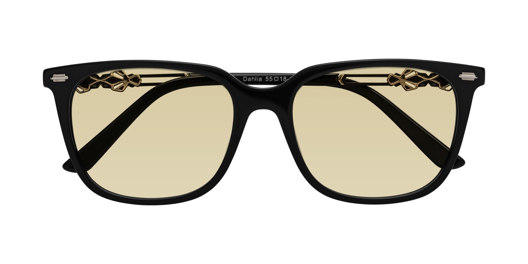 Folded Front of Dahlia in Black with Light Champagne Tinted Lenses