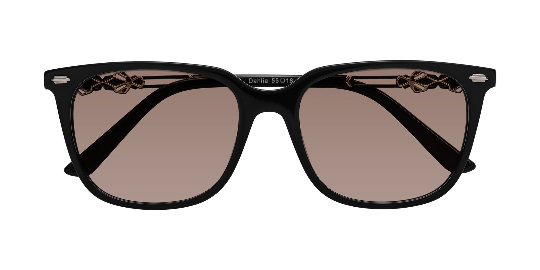 Folded Front of Dahlia in Black with Medium Brown Tinted Lenses