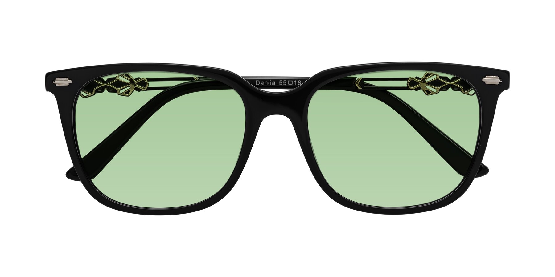 Folded Front of Dahlia in Black with Medium Green Tinted Lenses